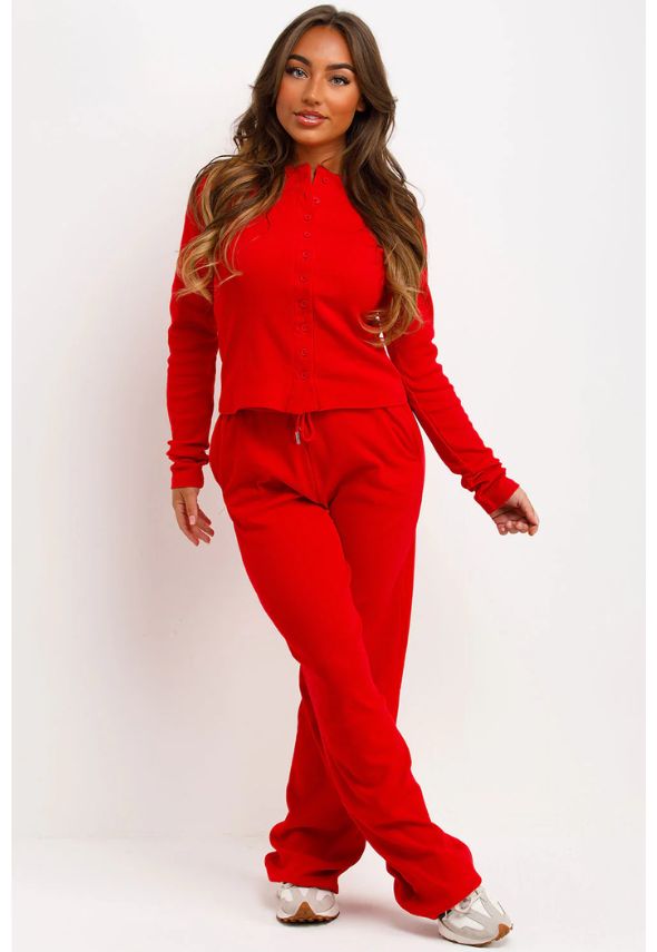 Rib Button Up Long Sleeve Top And Trouser Loungewear Set Red