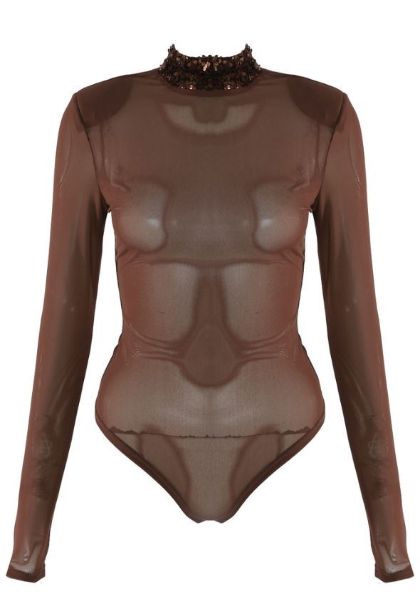 Sequin Neck Mesh Bodysuit Brown