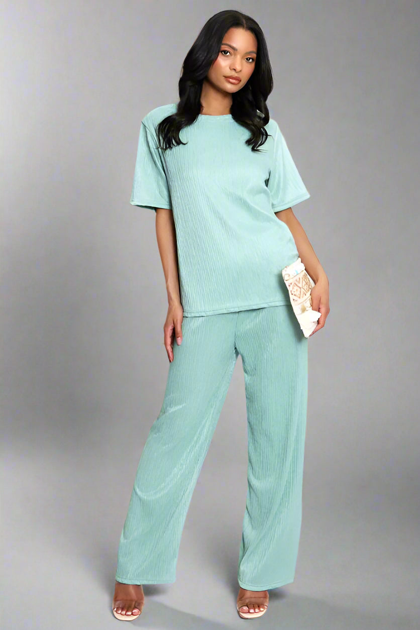 Asymmetric Hem Top And Wide Leg Trouser Co-Ord Mint