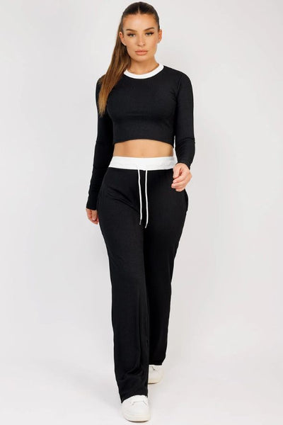 Black Wide Leg Trousers and Long Sleeve Top Loungewear Set