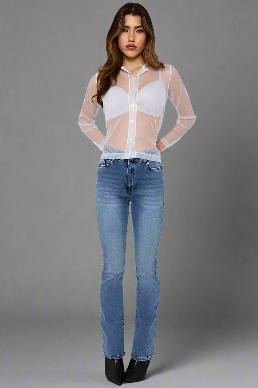 Mesh Button Through Long Sleeve Top White