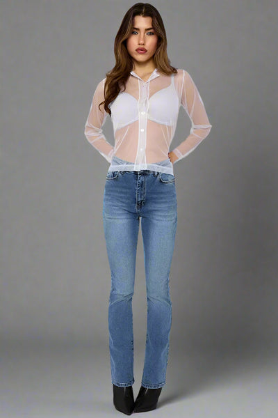Mesh Button Through Long Sleeve Top White