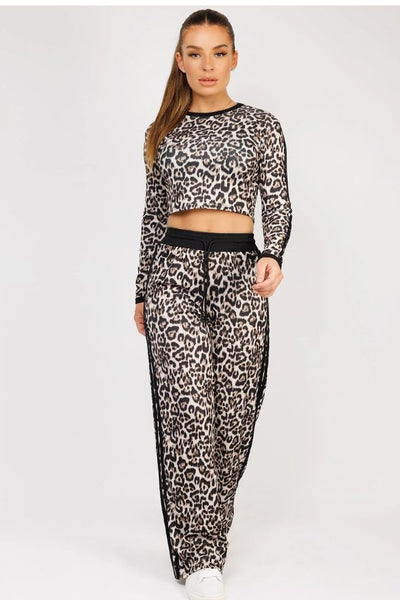 Black Striped Leopard Print Ribbed Crop Top & Trousers Loungewear Set