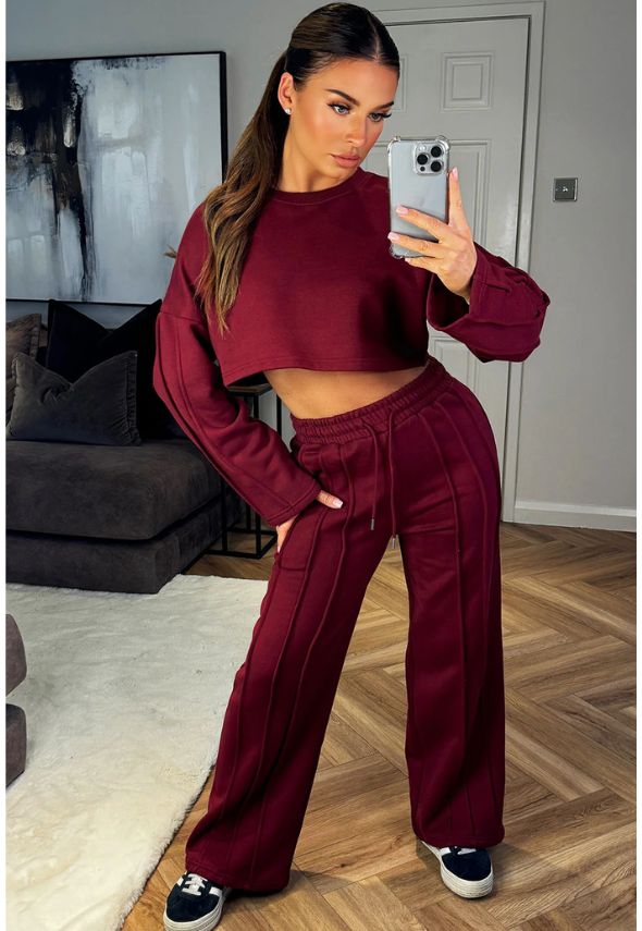 Tracksuit Joggers And Crop Sweatshirt With Seam Detail Burgundy