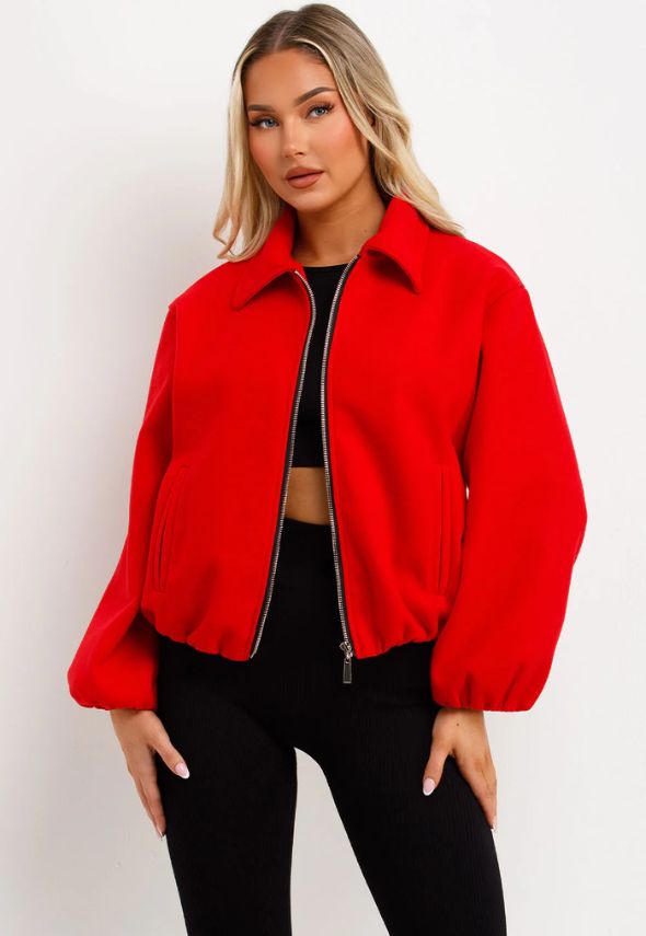 Puffed Bomber Jacket With Zip Red