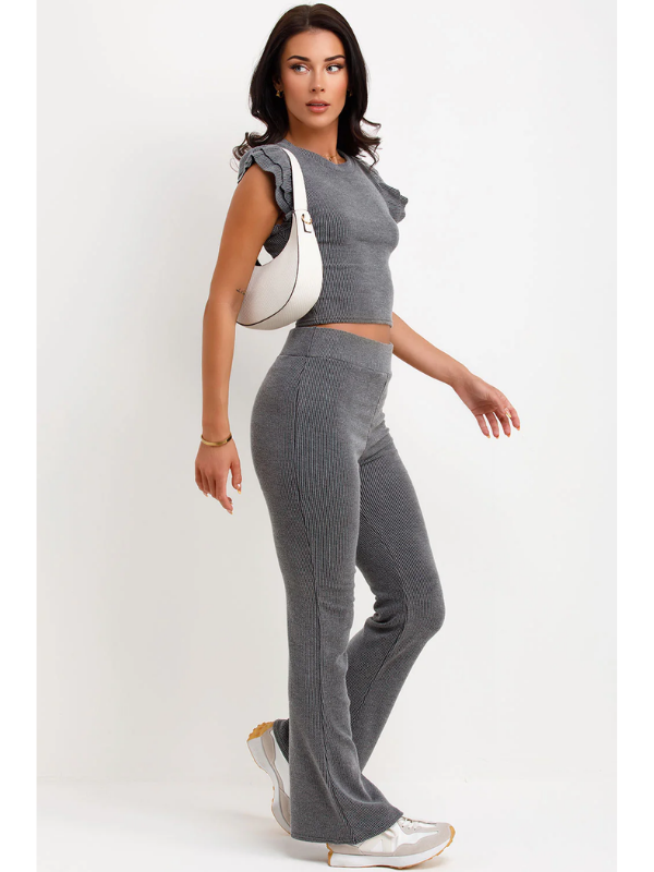 Frill Shoulder Top And Skinny Flare Trouser Set Ribbed Grey
