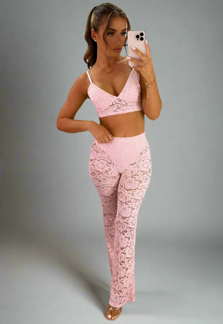 Pink Lace Flared Trousers And Top Co Ord Two Piece Set