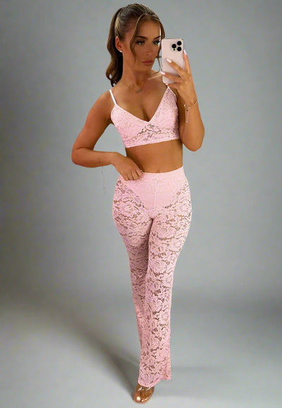 Pink Lace Flared Trousers And Top Co Ord Two Piece Set