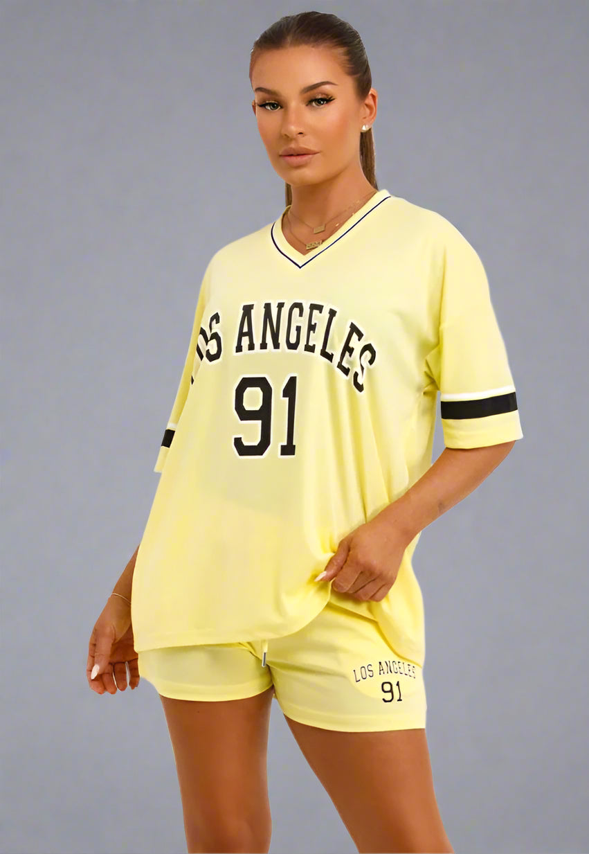 Football Jersey T Shirt And Shorts Co Ord Set With Los Angeles Print Yellow