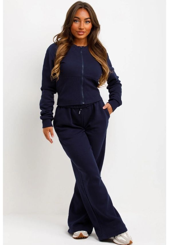 Corset Zip Up Crop Sweatshirt And Joggers Tracksuit Co Ord Navy