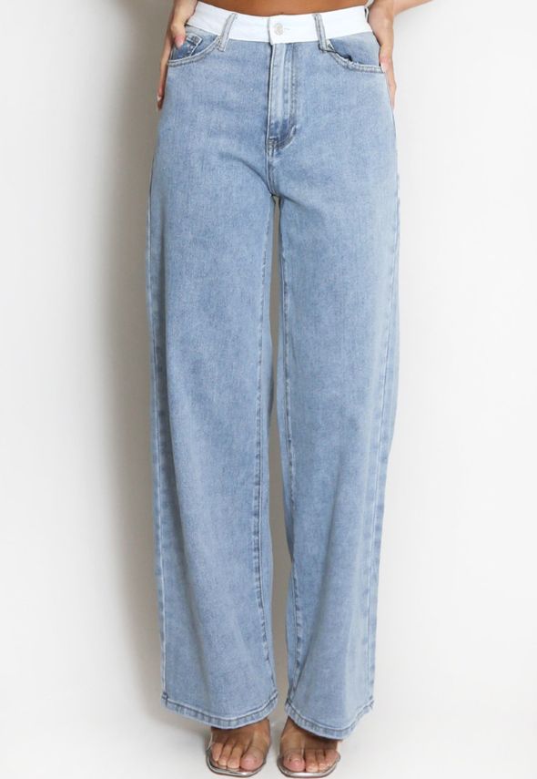Faded Blue Banded Waist Dad Fit Jeans