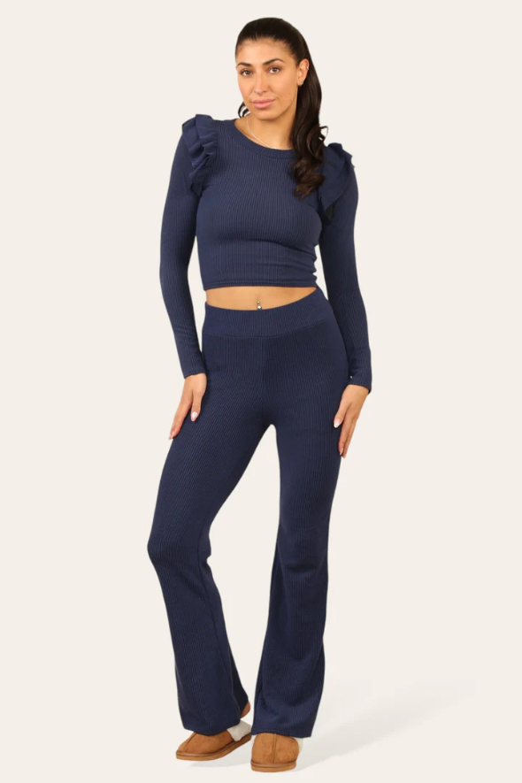 Navy Blue Ribbed Frill Shoulder Top & Flare Pants Set