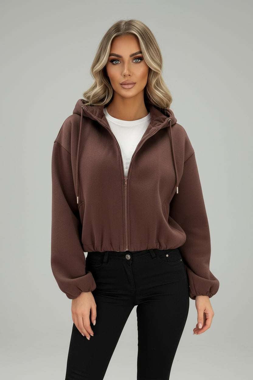 Hooded Zip Up Jacket With Elastic Hem Brown