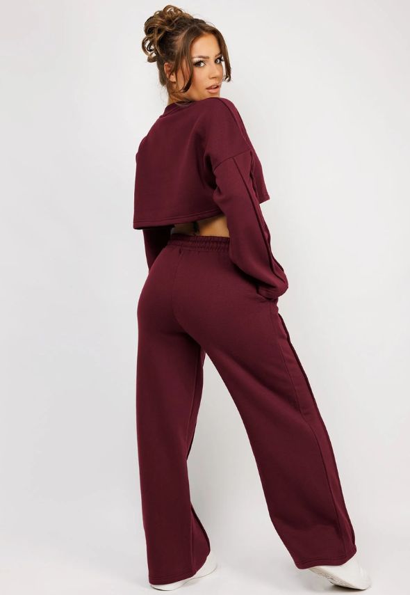 Wine Pintuck Seam Detail Joggers And Crop Sweatshirt Tracksuit