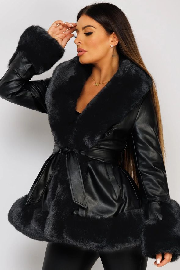 Black Faux Fur Vegan Leather Swing Coat Jacket