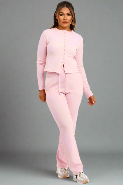 Rib Button Up Long Sleeve Top And Trouser Loungewear Set Pink