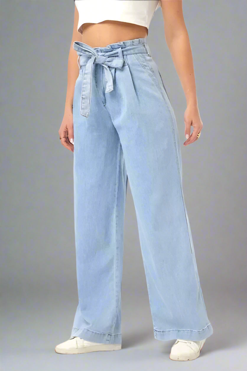 Mid Blue Pleated Paperbag Jeans