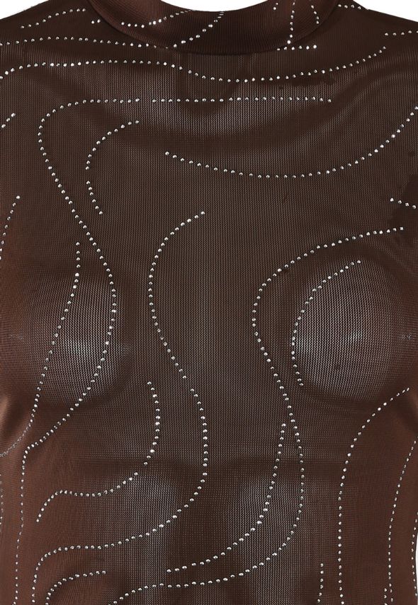 Wavy Diamante Mesh Bodysuit Brown
