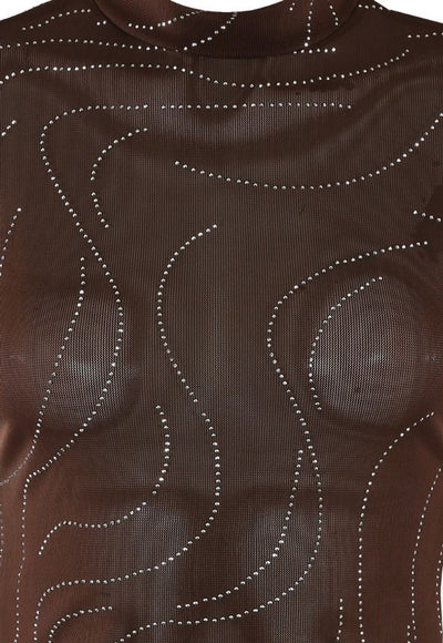 Wavy Diamante Mesh Bodysuit Brown