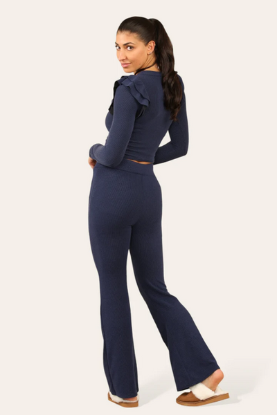 Navy Blue Ribbed Frill Shoulder Top & Flare Pants Set