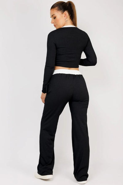 Black Wide Leg Trousers and Long Sleeve Top Loungewear Set