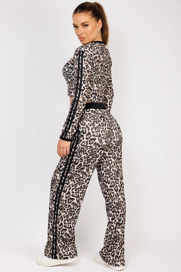 Black Striped Leopard Print Ribbed Crop Top & Trousers Loungewear Set