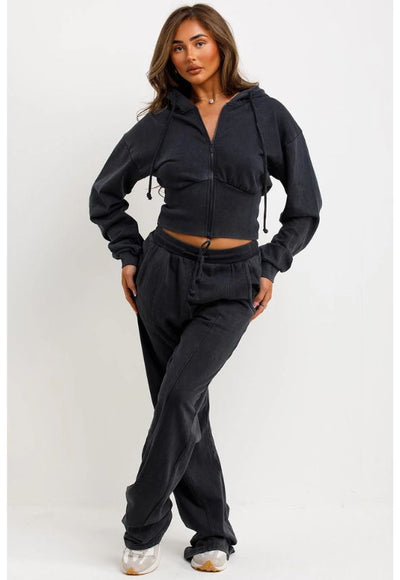 Crop Sweatshirt Hoodie And Bell Bottom Trousers Loungewear Charcoal