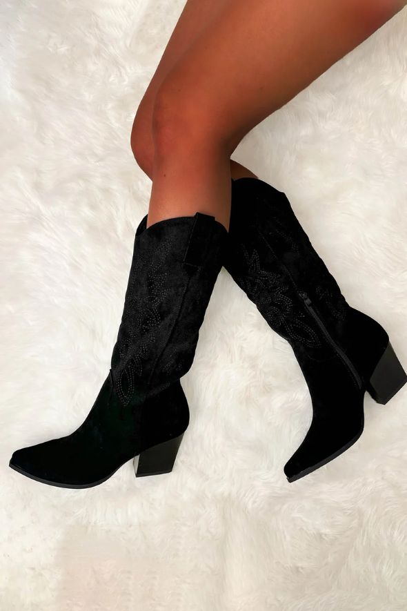 Cowboy Black Embroidered Western Mid Calf Boots