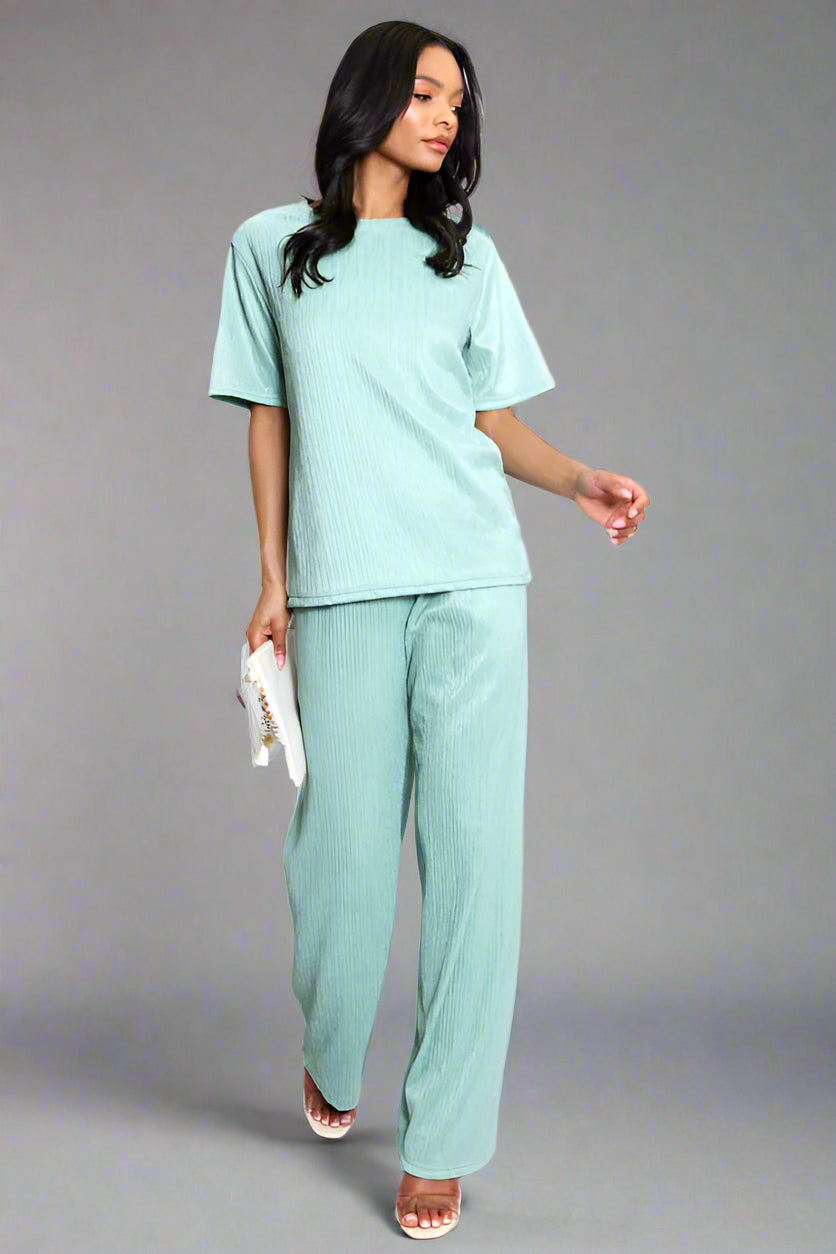 Asymmetric Hem Top And Wide Leg Trouser Co-Ord Mint