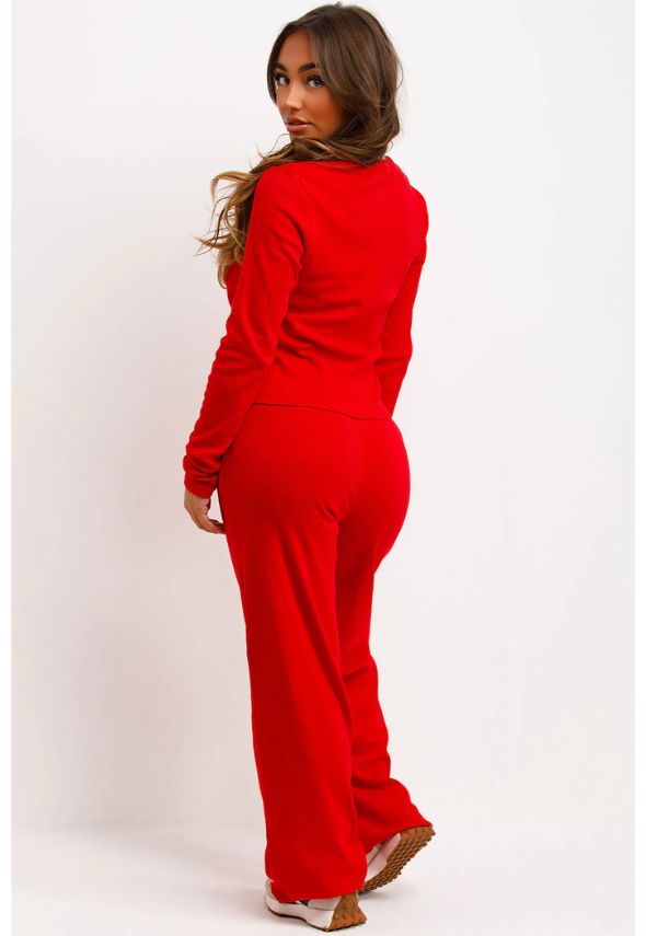 Rib Button Up Long Sleeve Top And Trouser Loungewear Set Red