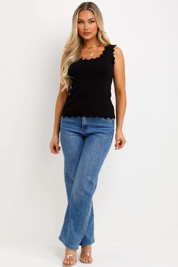 Knitted Vest Top With Scalloped Neck Black