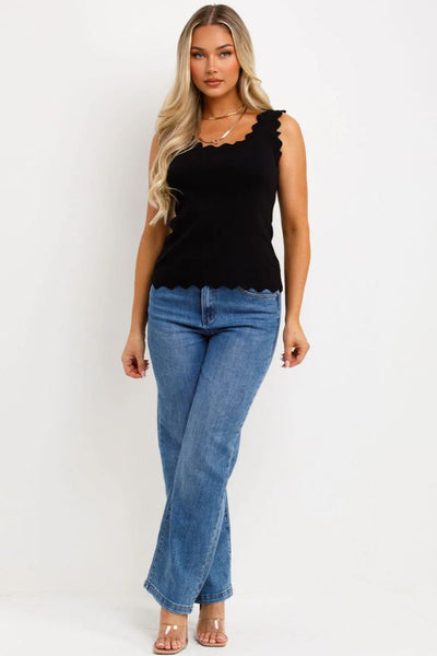 Knitted Vest Top With Scalloped Neck Black