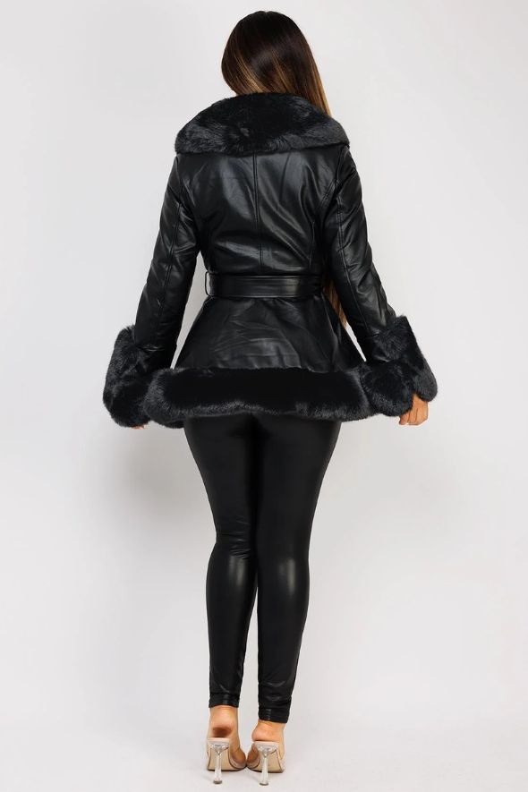 Black Faux Fur Vegan Leather Swing Coat Jacket