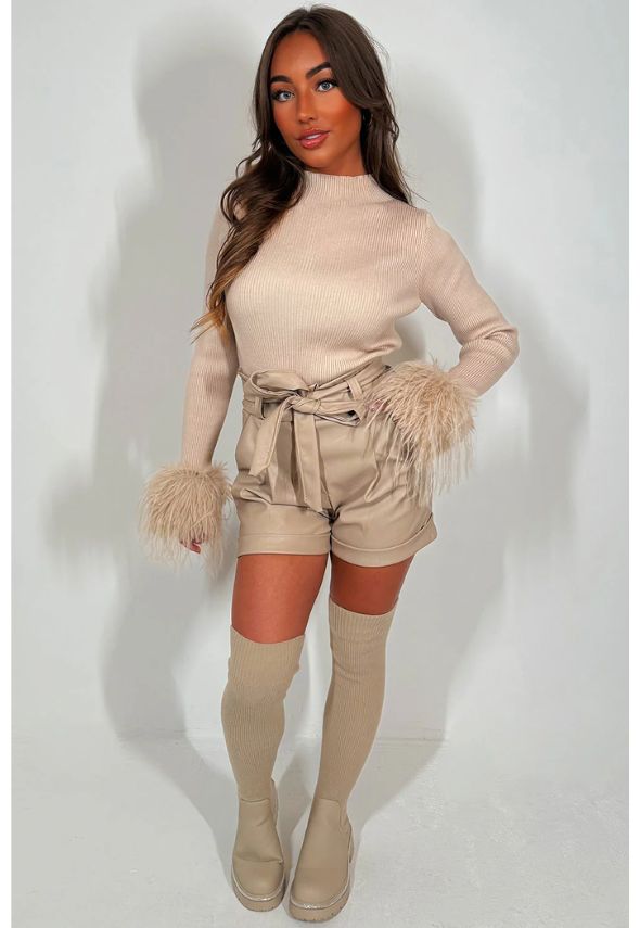 Knitted Jumper with Fur Cuff Long Sleeve Beige