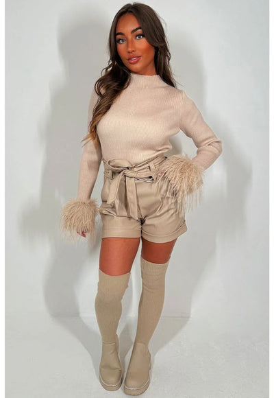 Knitted Jumper with Fur Cuff Long Sleeve Beige
