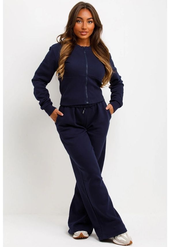Corset Zip Up Crop Sweatshirt And Joggers Tracksuit Co Ord Navy