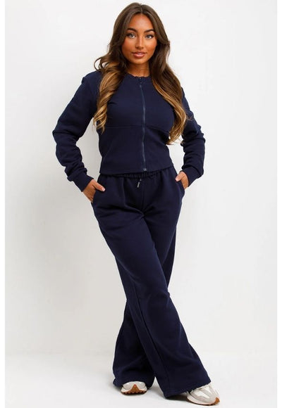 Corset Zip Up Crop Sweatshirt And Joggers Tracksuit Co Ord Navy