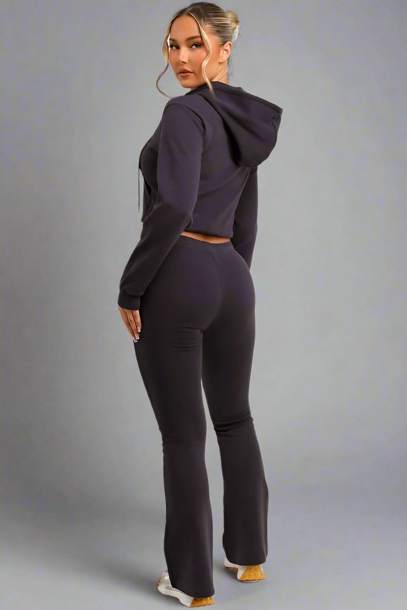 Crop Sweatshirt Hoodie And Bell Bottom Trousers Loungewear Charcoal