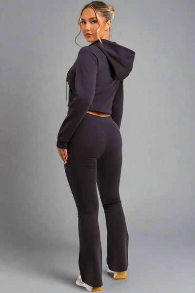 Crop Sweatshirt Hoodie And Bell Bottom Trousers Loungewear Charcoal