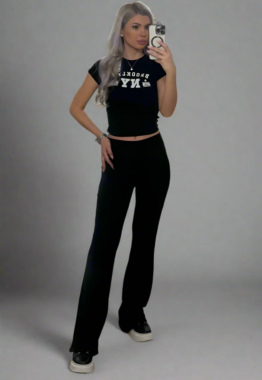 Cropped T-Shirt & Flared  Leggings Set Black