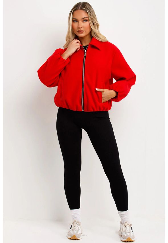 Puffed Bomber Jacket With Zip Red