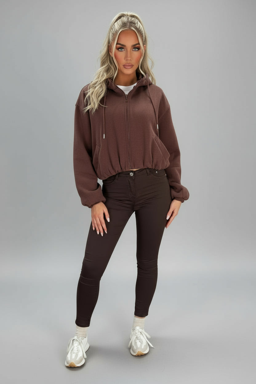 Hooded Zip Up Jacket With Elastic Hem Brown