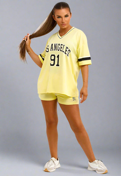 Football Jersey T Shirt And Shorts Co Ord Set With Los Angeles Print Yellow