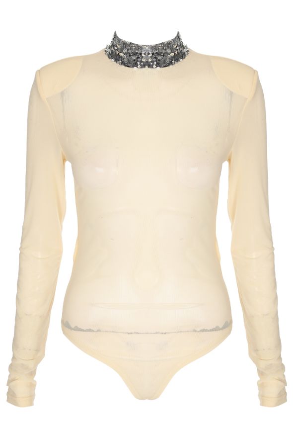 Sequin Neck Mesh Bodysuit Beige