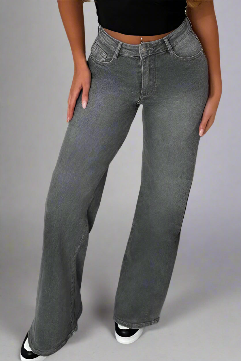 Grey Stretch Flared Wide Leg Jeans