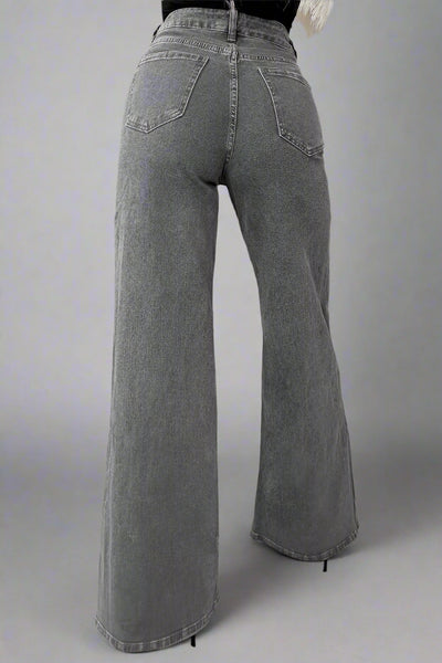 Grey Stretch Flared Wide Leg Jeans