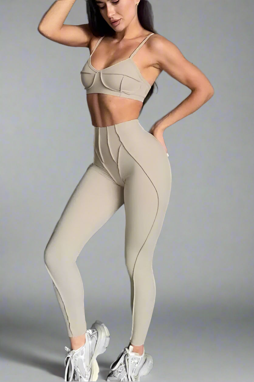 Visible Seam Bralette & Leggings Gym Set Beige