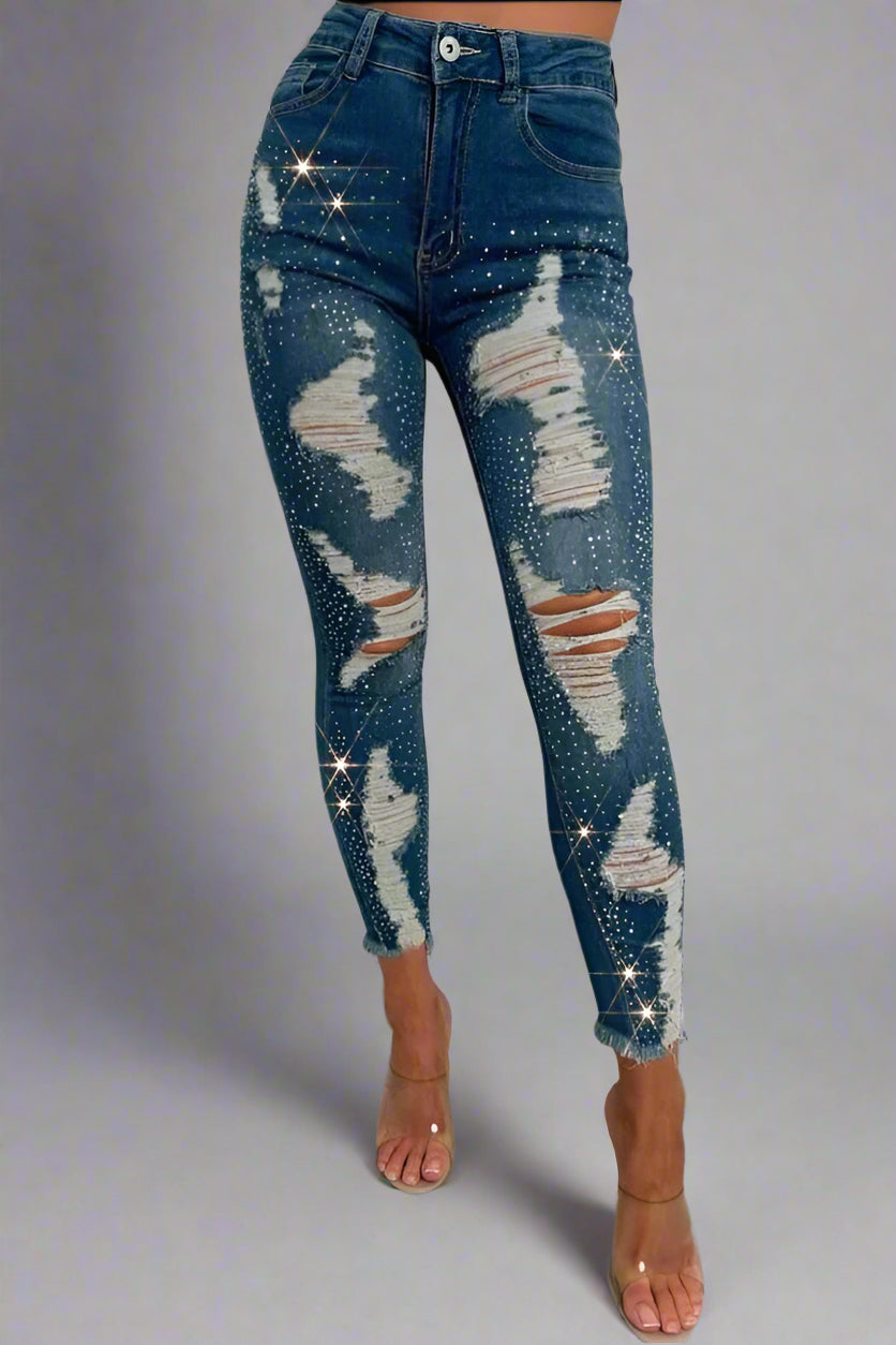 Dark Blue Sparkle Ripped Stretch Jeans