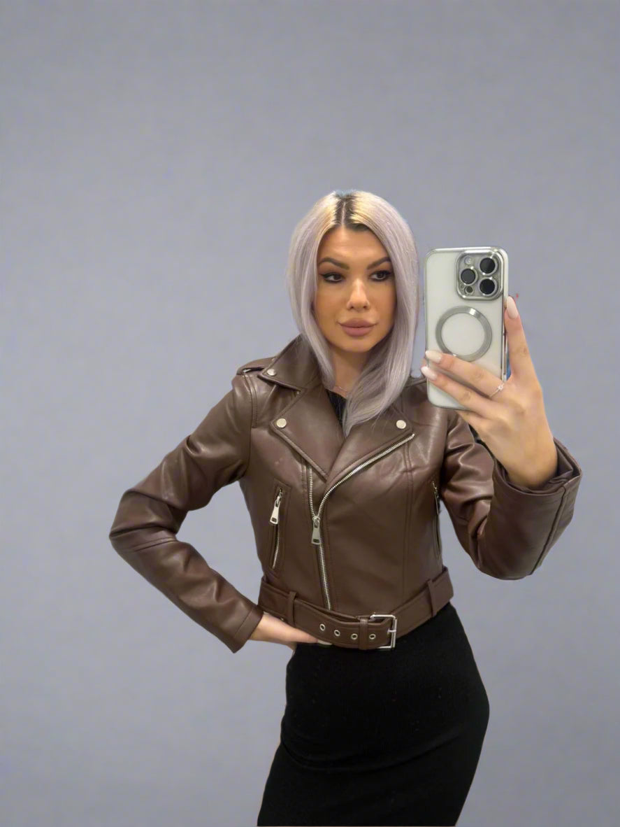 Pu Cropped Biker Jacket Brown