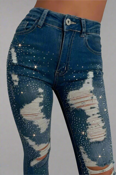 Dark Blue Sparkle Ripped Stretch Jeans